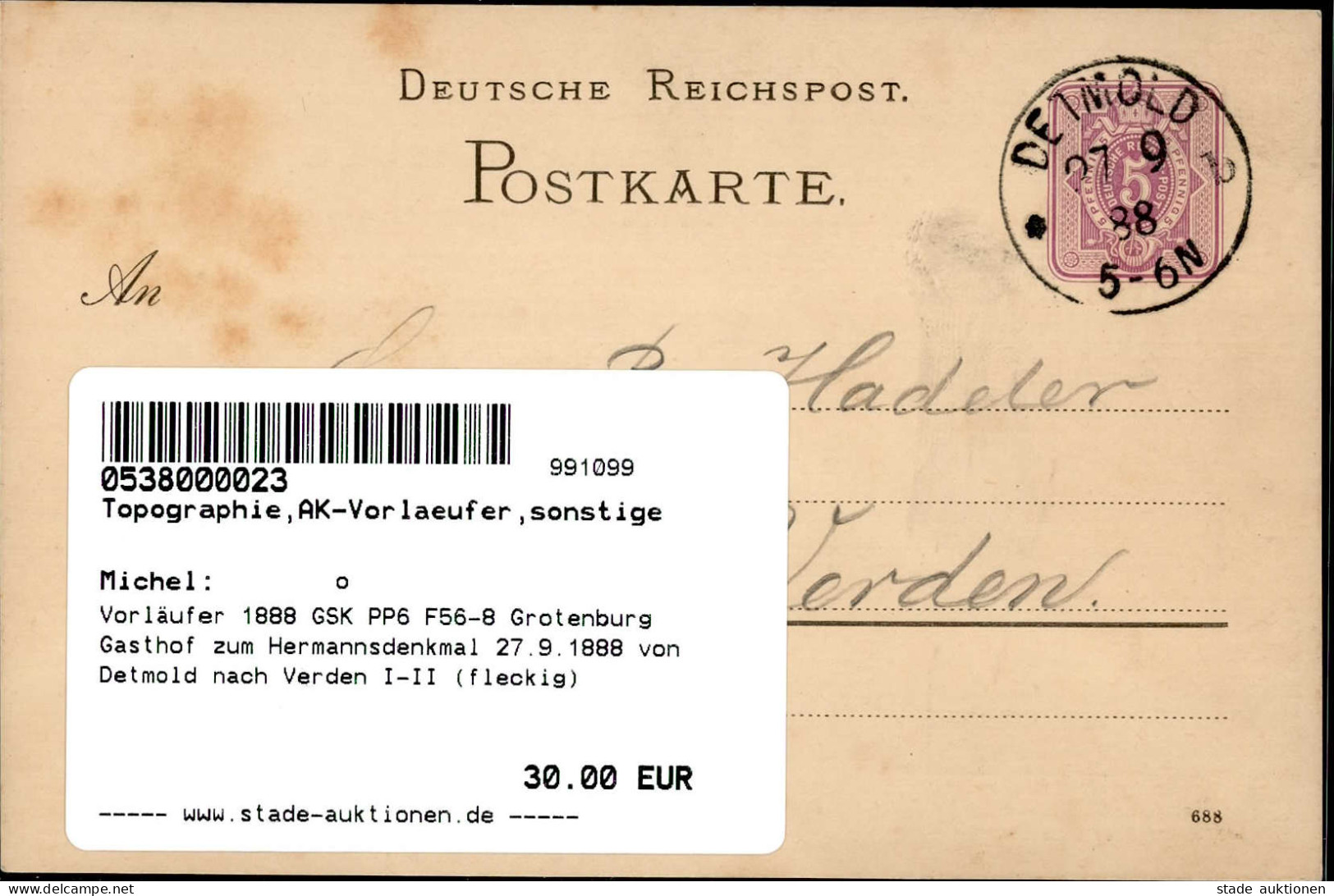 Vorläufer 1888 GSK PP6 F56-8 Grotenburg Gasthof Zum Hermannsdenkmal 27.9.1888 Von Detmold Nach Verden I-II (fleckig) - Historia