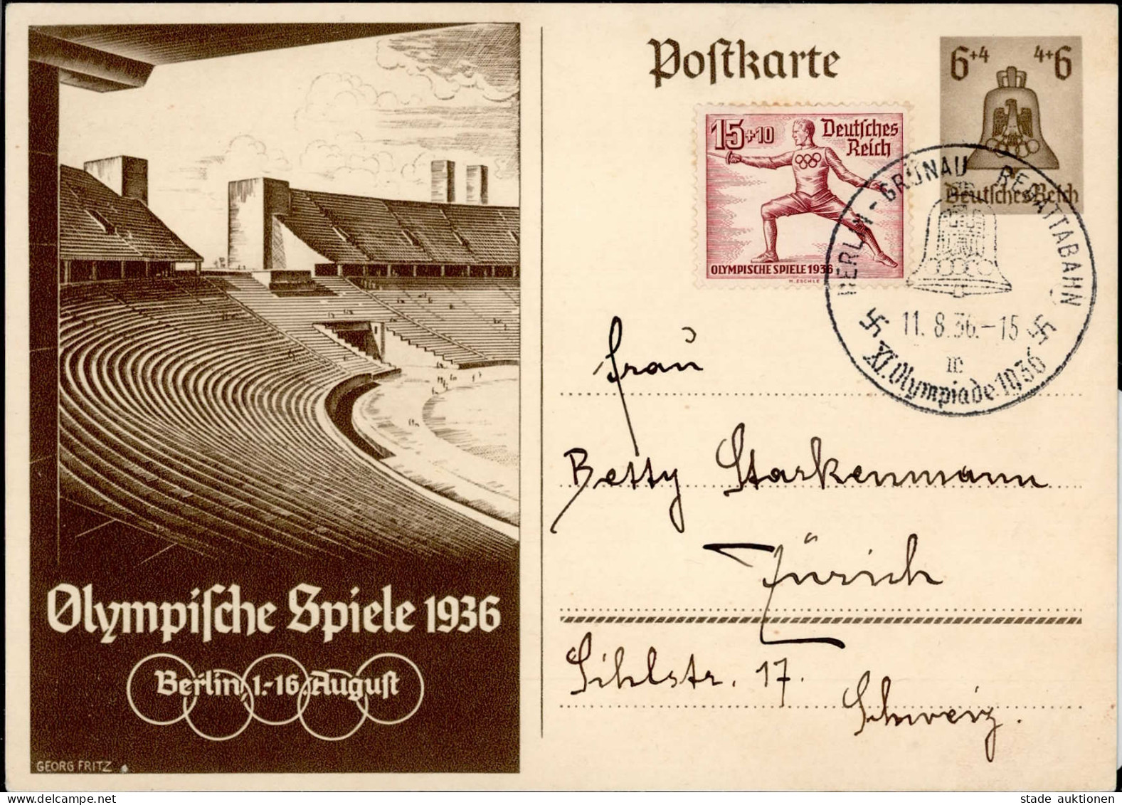 Olympiade 1936 Berlin Berlin-Grünau Regattabahn Sonderstempel Nach Zürich Gelaufen I- - Olympische Spiele