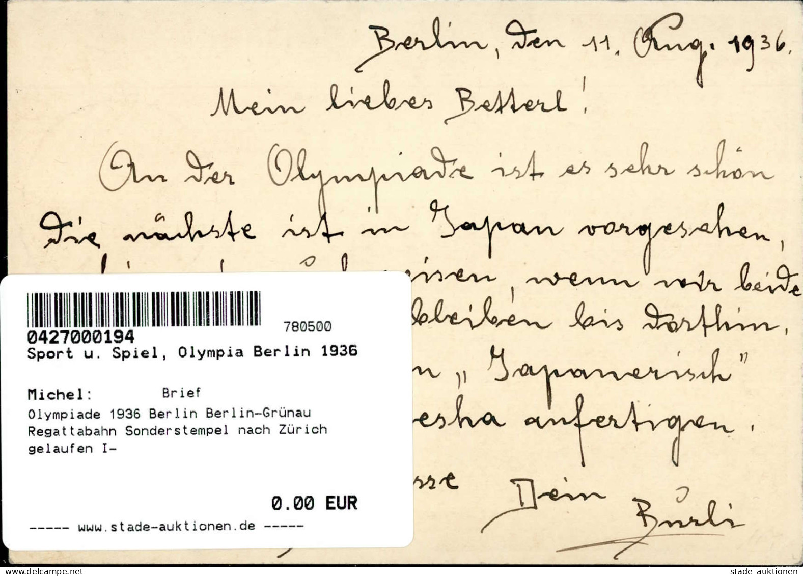 Olympiade 1936 Berlin Berlin-Grünau Regattabahn Sonderstempel Nach Zürich Gelaufen I- - Jeux Olympiques