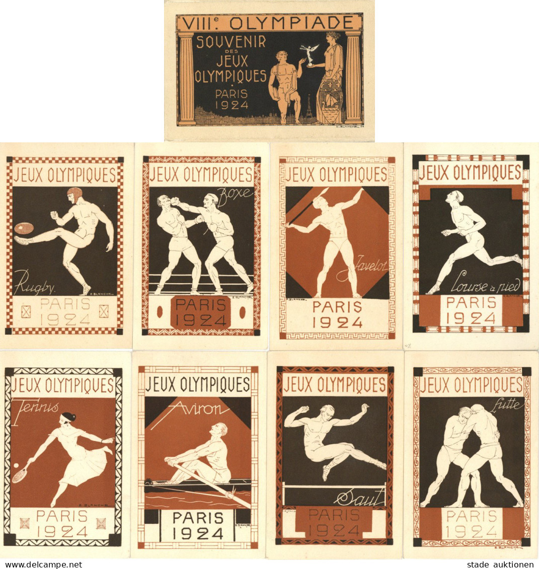 Olympiade Sommerspiele Paris 1924 Souvenir-Folder Mit 8 Ganzsachen Mit Umschlag Frankreich Sign. Blanche, E. Souvenir De - Olympische Spiele