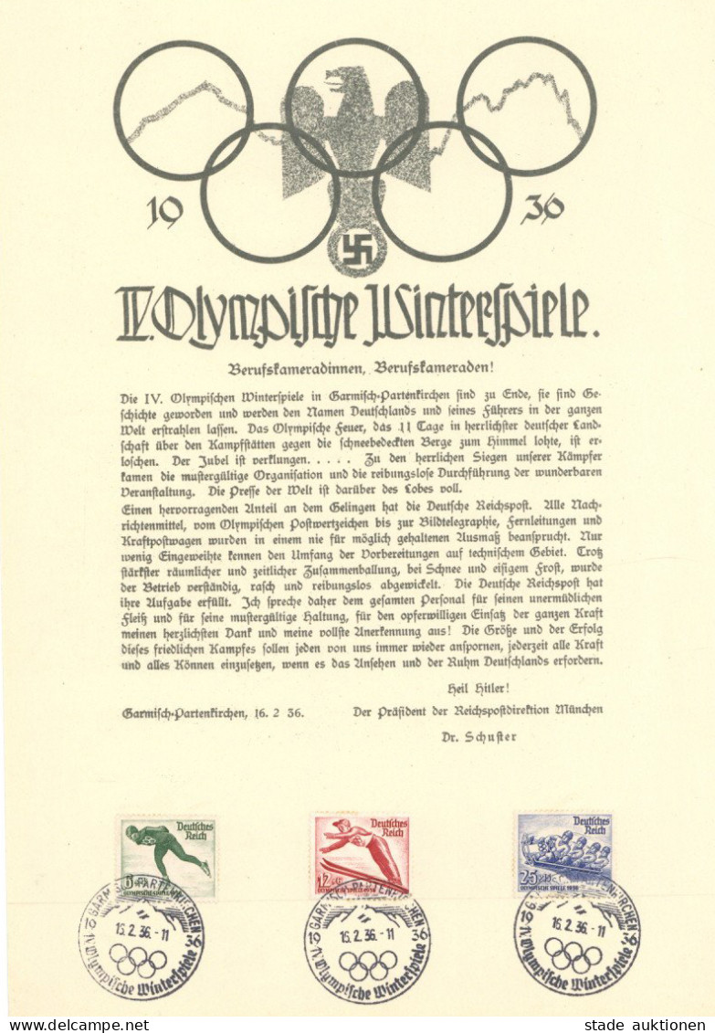 OLYMPIA GARMISCH-PARTENKIRCHEN 1936 WK II - Seltenes DINA4-GEDENKBLATT D. PRÄSIDENTEN Der REICHSPOSTDIREKTION MÜNCHEN Zu - Juegos Olímpicos