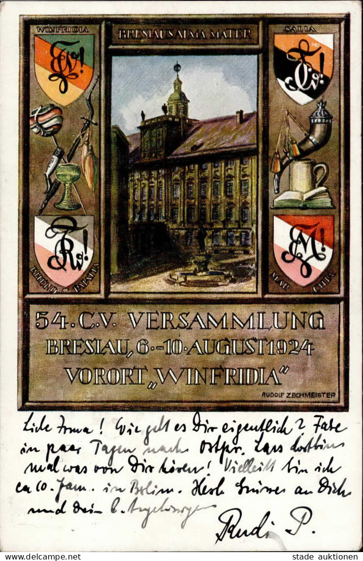 Studentika BRESLAU - 54. CV VERSAMMLUNG 1924 Künstlerkarte Sign. Rudolf Zechmeister I - Ecoles