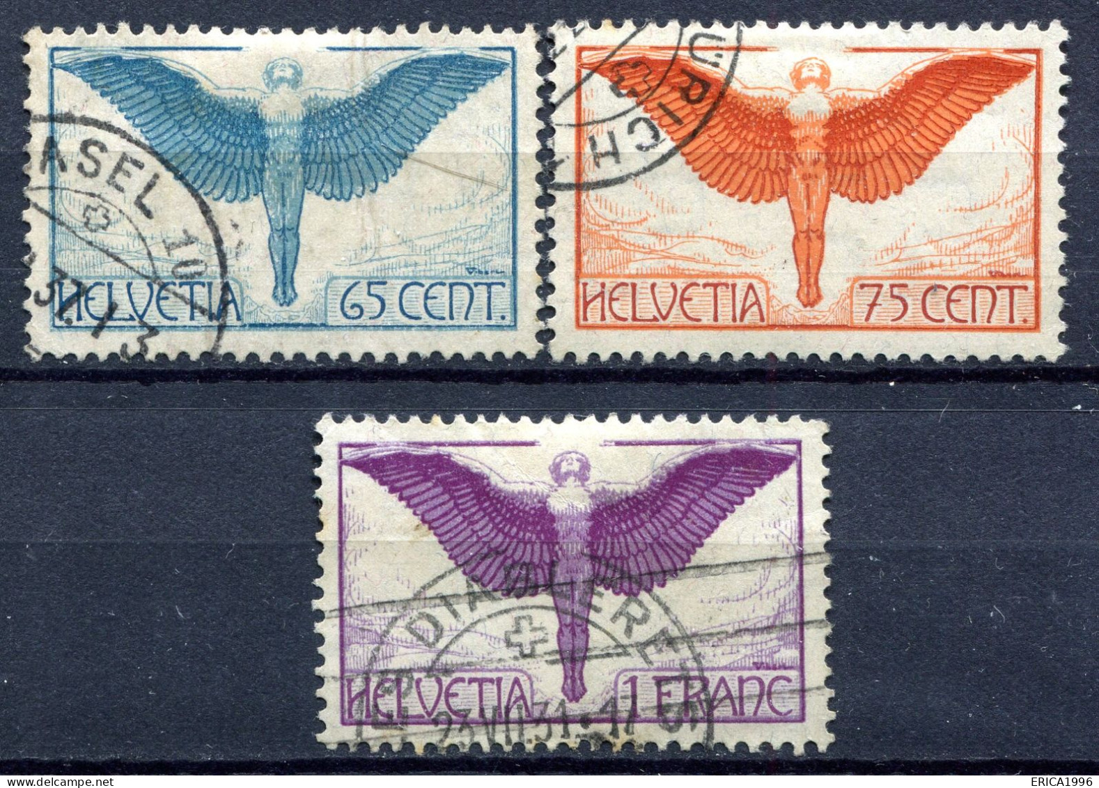 Z3713 SVIZZERA 1924-36 Posta Aerea Icaro In Volo, Serie Completa Usata, Cat. Un. A10a-A12a, Carta Ordinaria, Valore Cata - Oblitérés