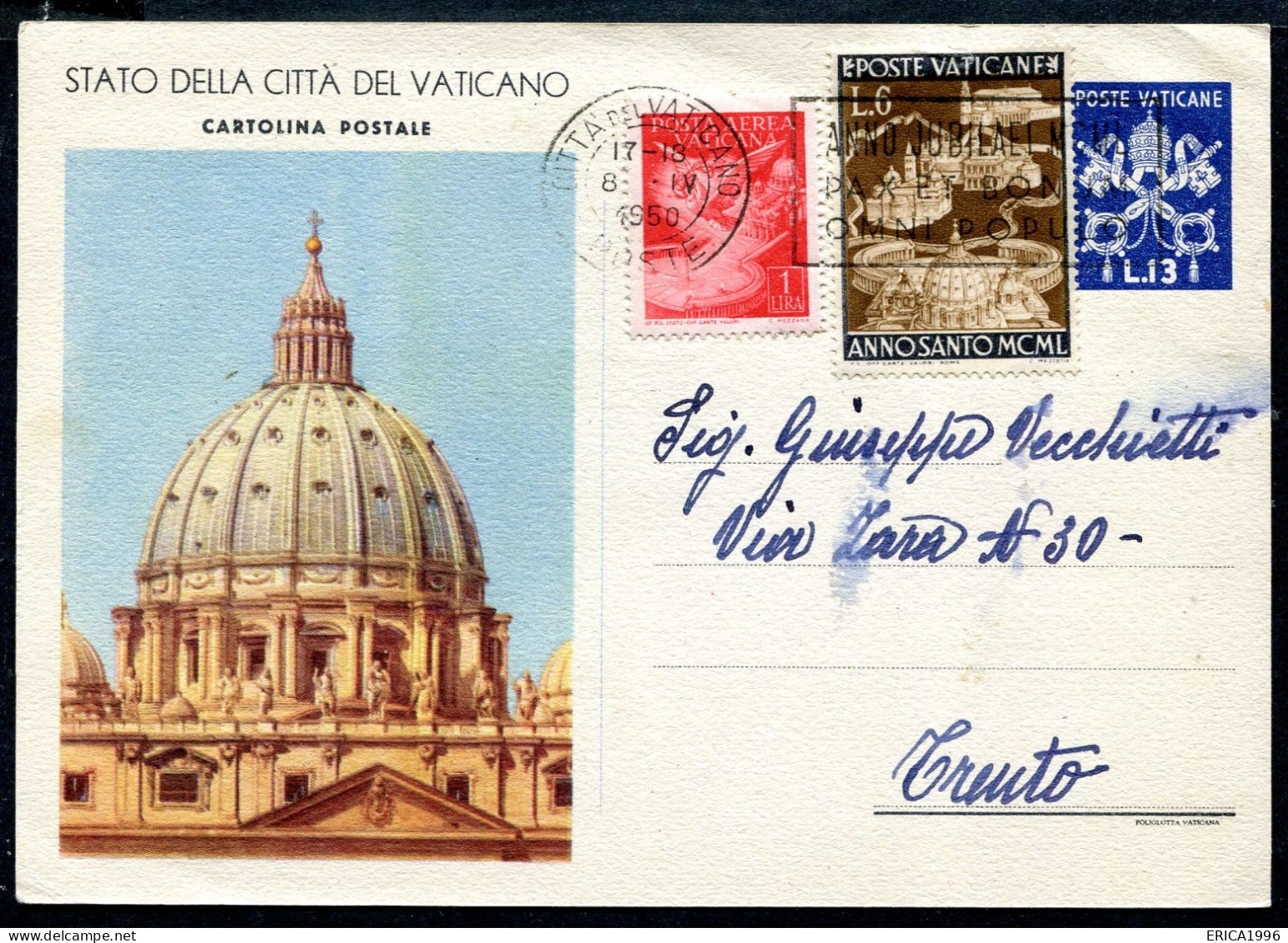 Z3651 CITTA' DEL VATICANO 1950 Cartolina Postale VEDUTE L. 13 (Fil. C6-1) Con Affrancatura Aggiuntiva,  Viaggiata Da Cit - Enteros Postales
