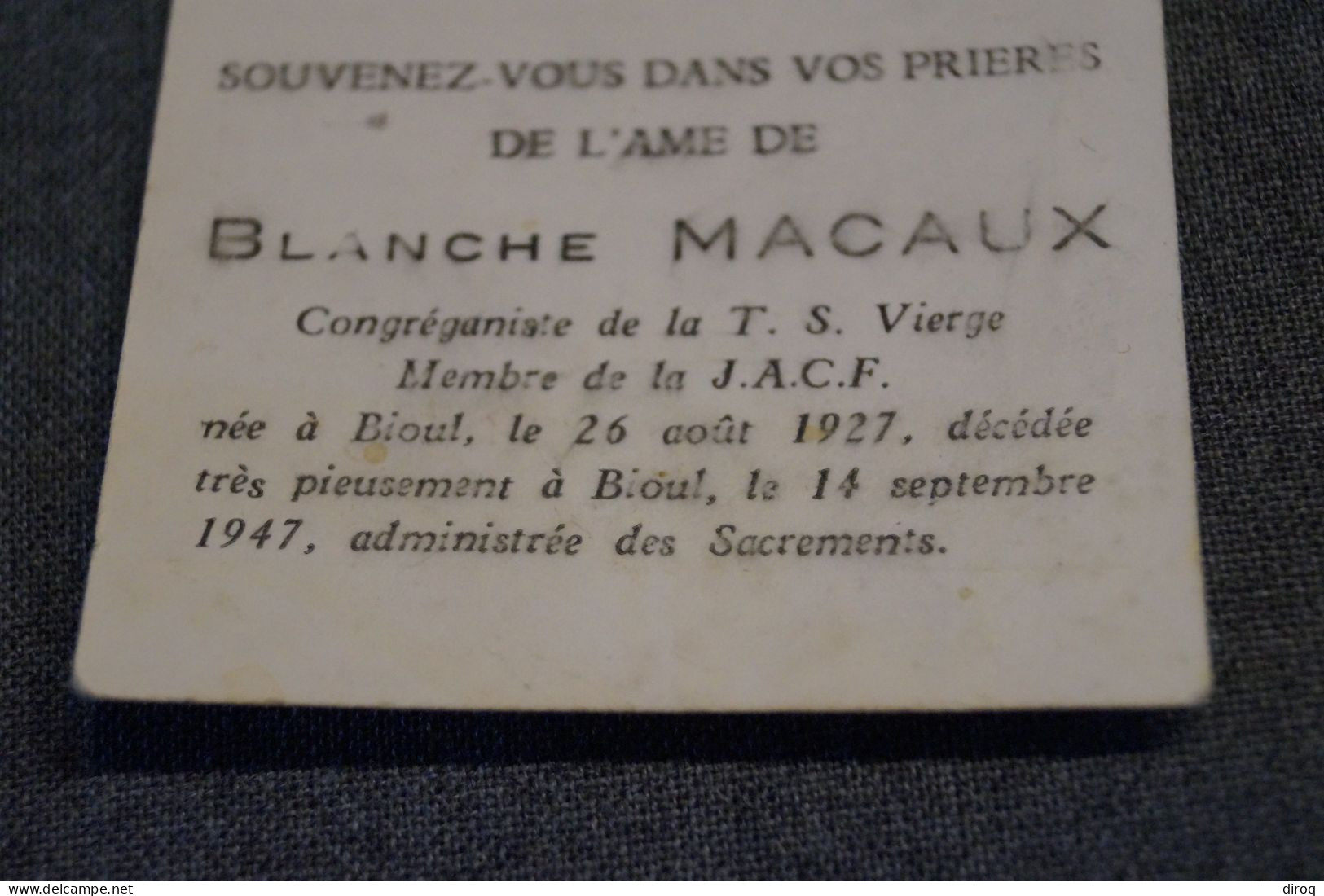 Macaux Blanche,née à Bioul En 1927,décédée En 1947, J.A.C.F. - Décès