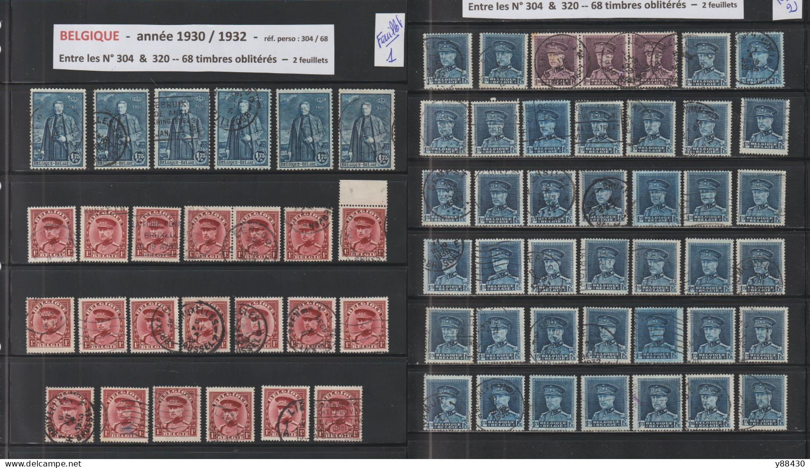 BELGIQUE - Entre Les N° 304 & 320  De 1930 à 1932 - 68 Timbres En 2 Feuillets . Avec Diverses  Oblitérations - 6 Scan - 1931-1934 Chepi