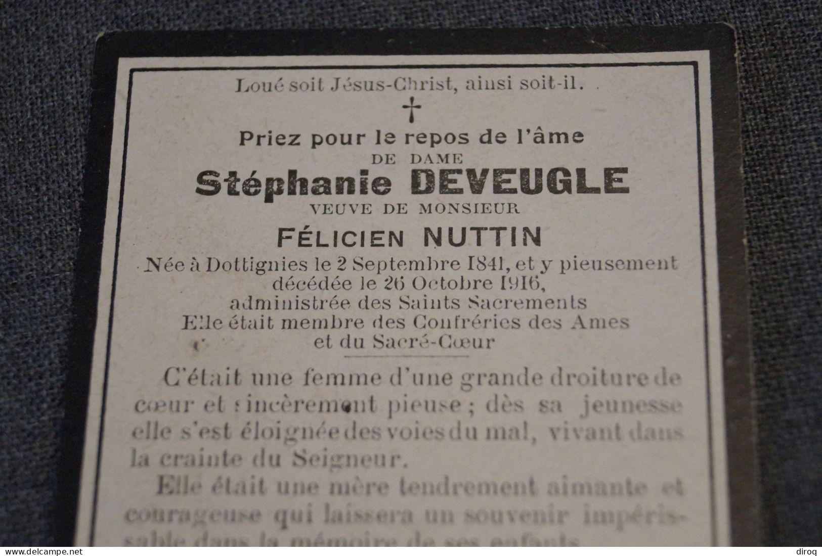 Deveugle Stéphanie Veuve Nuttin,née à Dottignies En 1841,décédée En 1916 - Décès