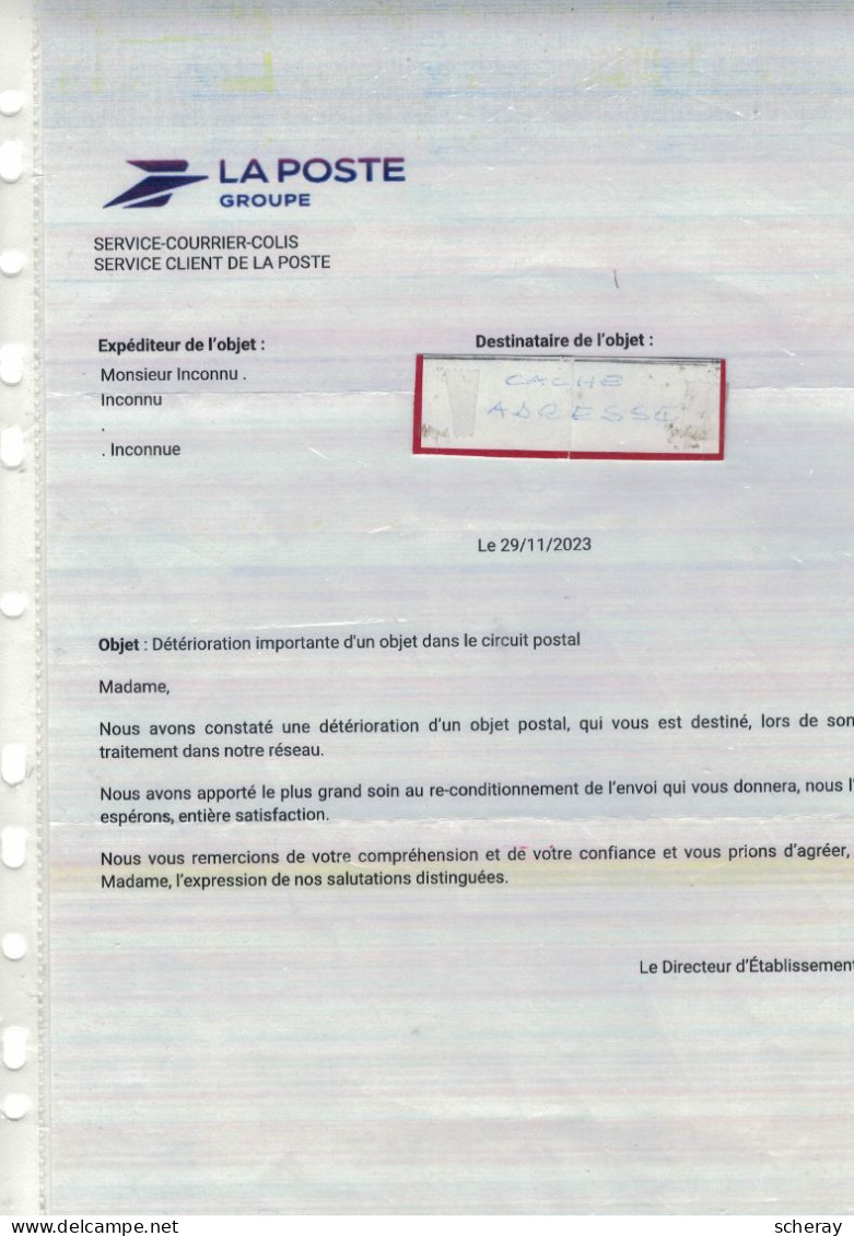Lettre De Déterioration Poste 29/11/23 Avec Courrier Détruit (lot 1 ) - Cartas & Documentos