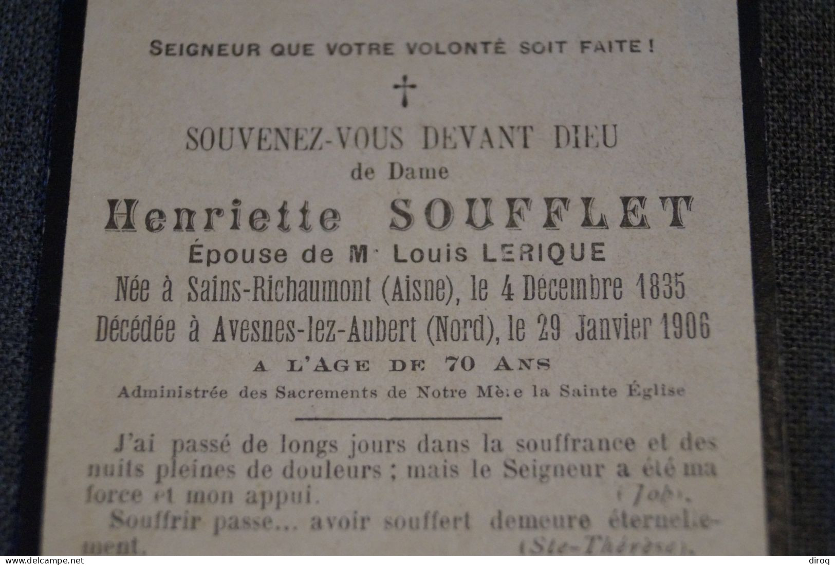 Soufflet Henriette,Saint Richaumont 1835,décédée à Avesnes-Lez-Aubert En 1906 - Overlijden