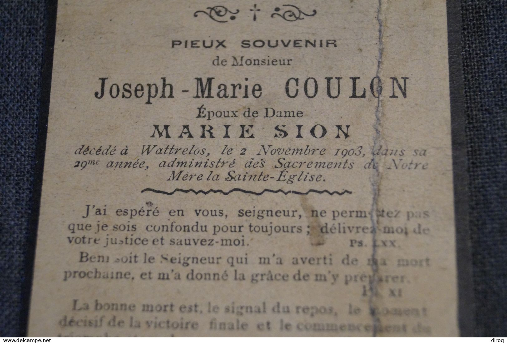 Coulon Joseph époux De Marie Sion,mort à Wattrelos En 1903 à L'age De 29 Ans - Obituary Notices