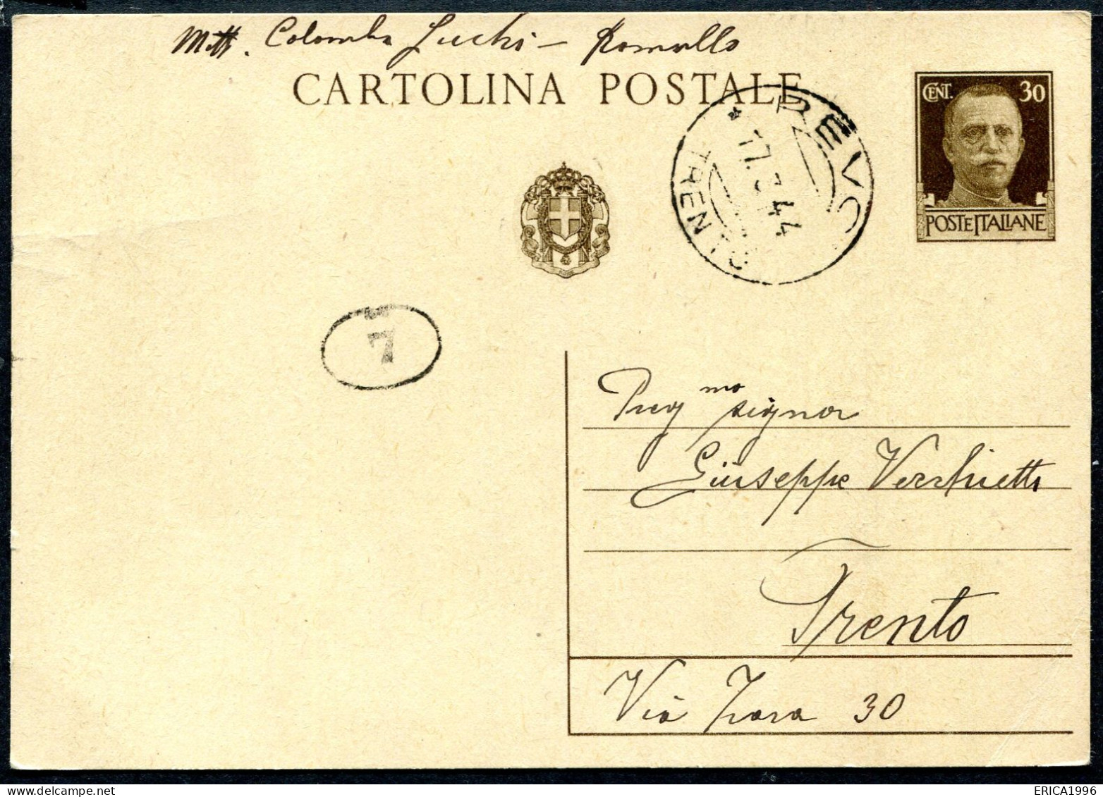Z3657 ITALIA RSI 1944 Cartolina Postale Regno Imperiale 15 C. (Fil. C80) Usata In Periodo RSI (Filagrano € 175), Da Revò - Interi Postali