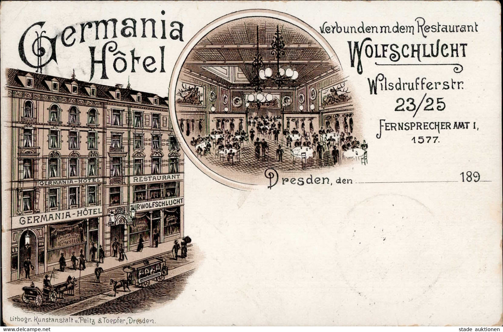 Dresden (o-8000) Germania Hotel Gasthaus Wolfschlucht Wilsdrufferstrasse Pferdebahn 1897 II (kleine Stauchung) - Dresden