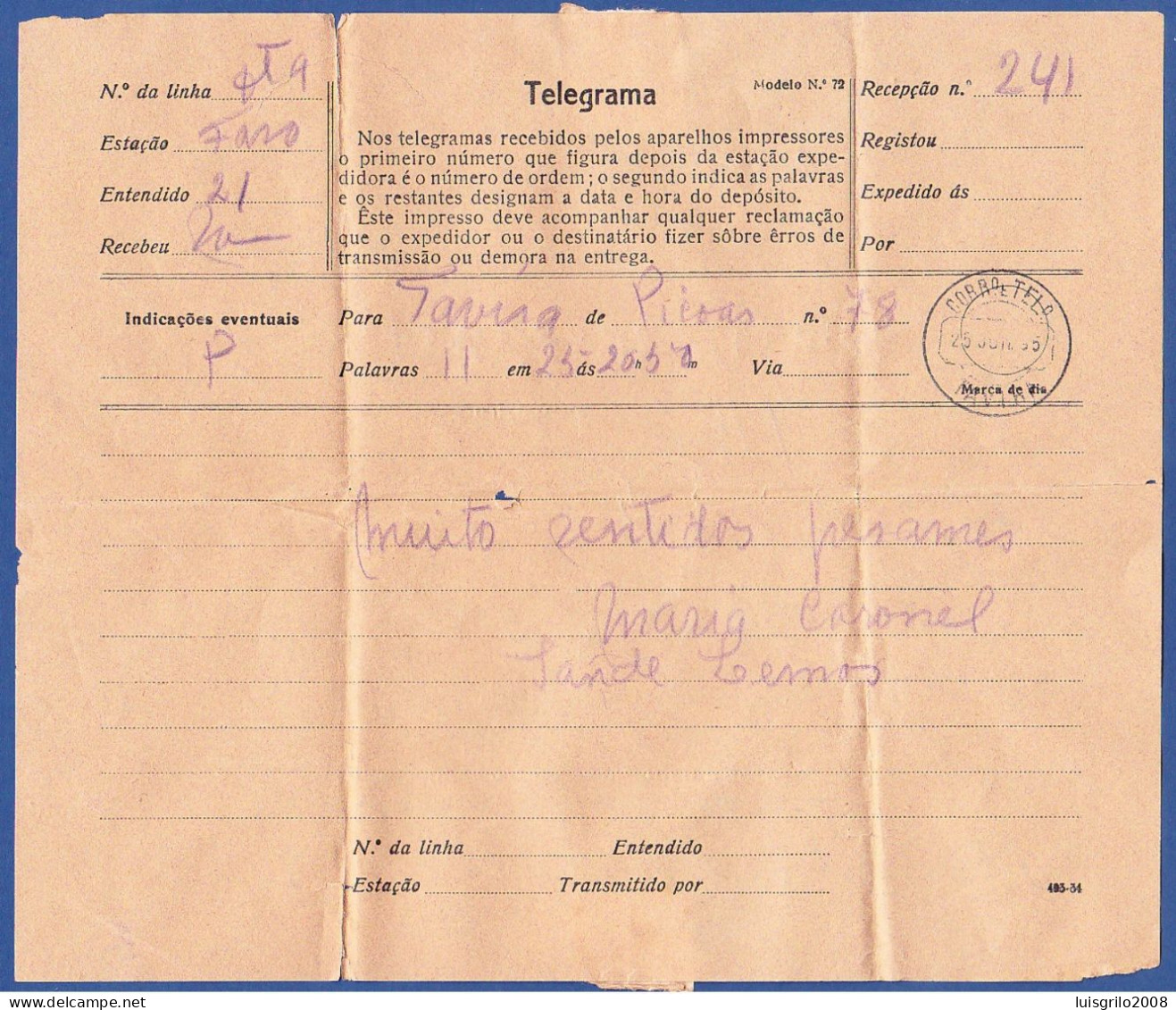 Telegram/ Telegrama - Picoas > Tavira -|- Postmark - Tavira, 1935 - Covers & Documents