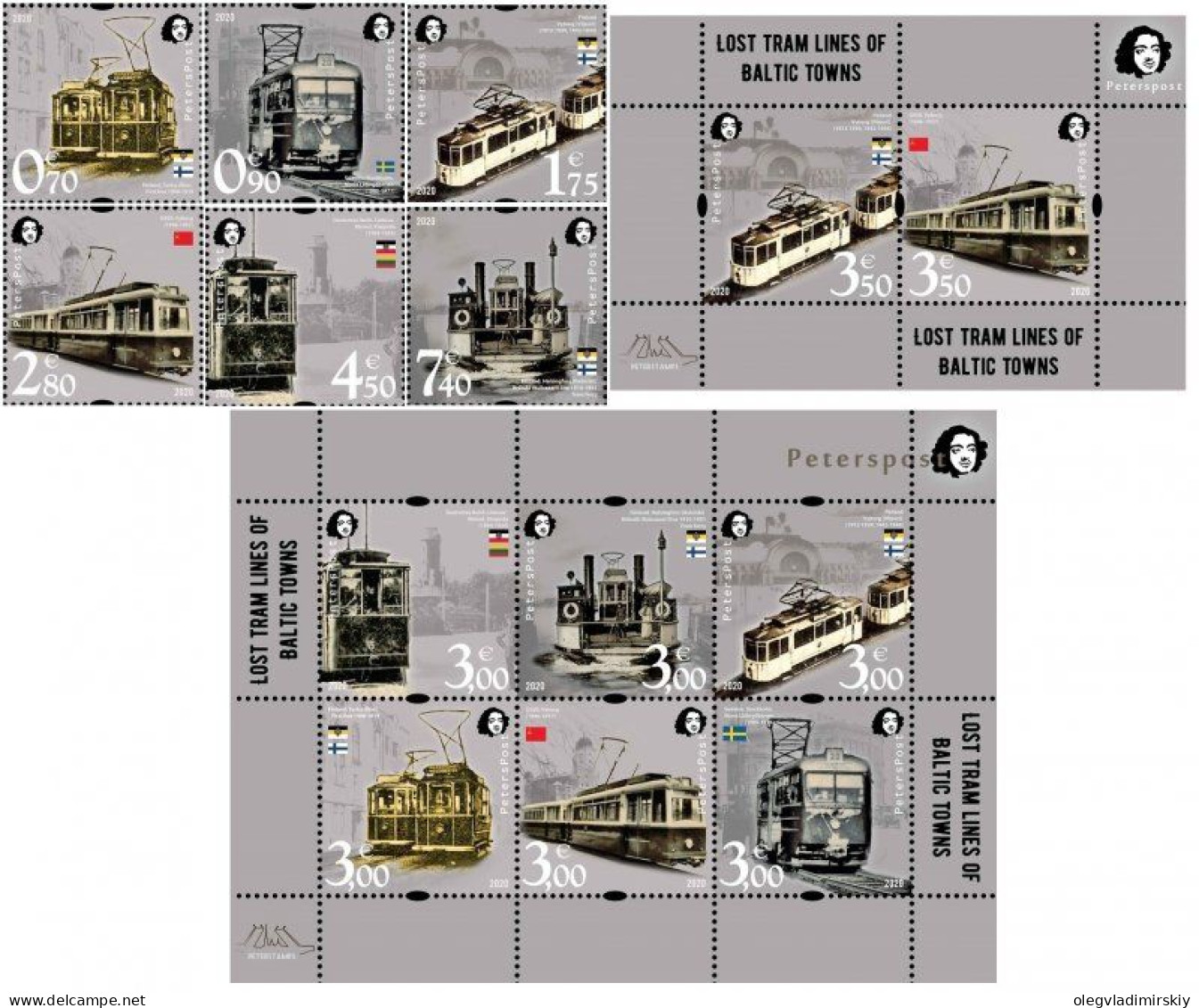 Finland Finnland Finlande 2020 Lost Tram Lines Of Baltic Towns Peterspost Complete Of Stamp Set And 2 Block's MNH - Tranvie