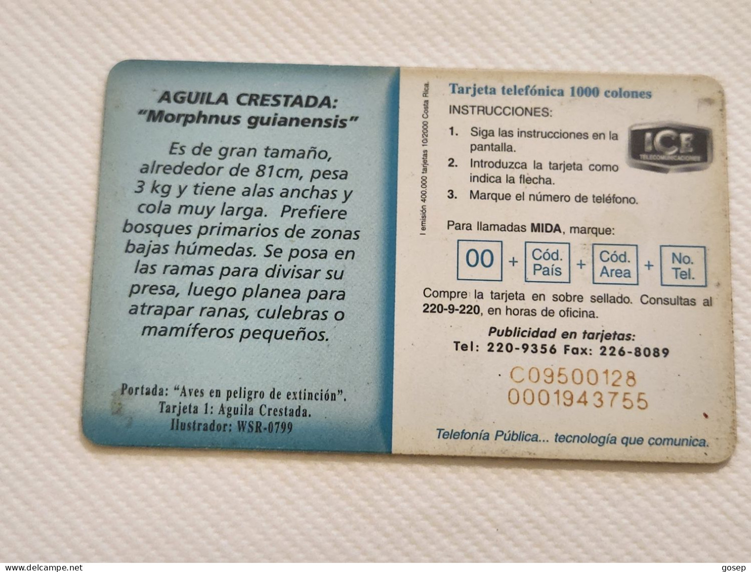 COSTA RICA-(CR-ICE-CHP-0047)-Aguila Crestada (I Emisión)-(61)-(0001943755)(tirage-400.000)used Card+1card Prepiad - Costa Rica