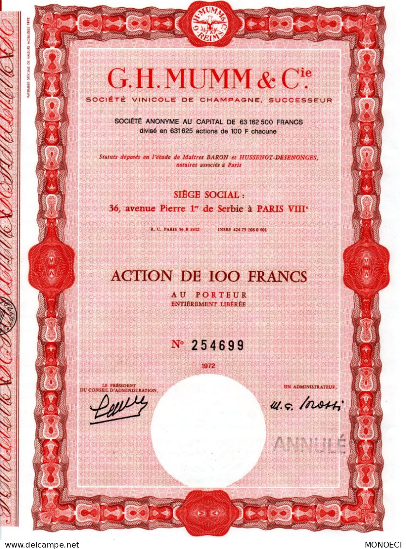 FRANCE -- Action De 100 Francs Au Porteur G.H. MUMM & Cie. Champagne - Annulé - N° 254.699 - 1972 - Landwirtschaft