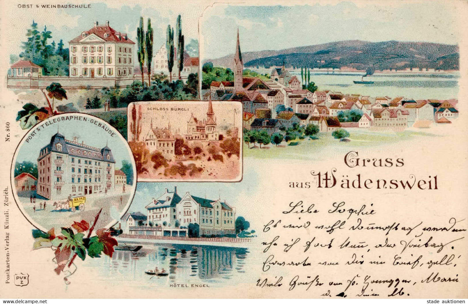 Wädenswil (Zürich) Obst Weinbauschule Kirche Schloss Bürgli Post Telegraphen Gebäude Hotel Engel 1903 I- Ange - Andere & Zonder Classificatie