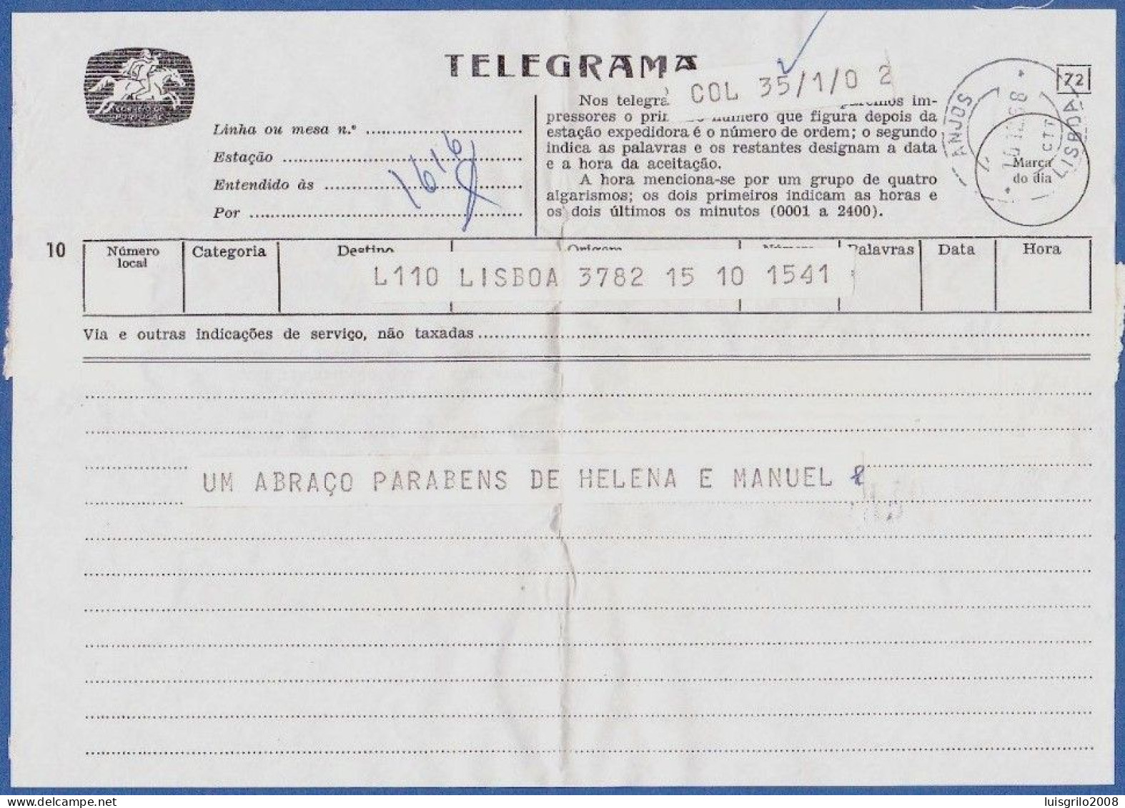 Telegram/ Telegrama - Lisboa > Lisboa -|- Postmark - Anjos. Lisboa. 1968 - Storia Postale