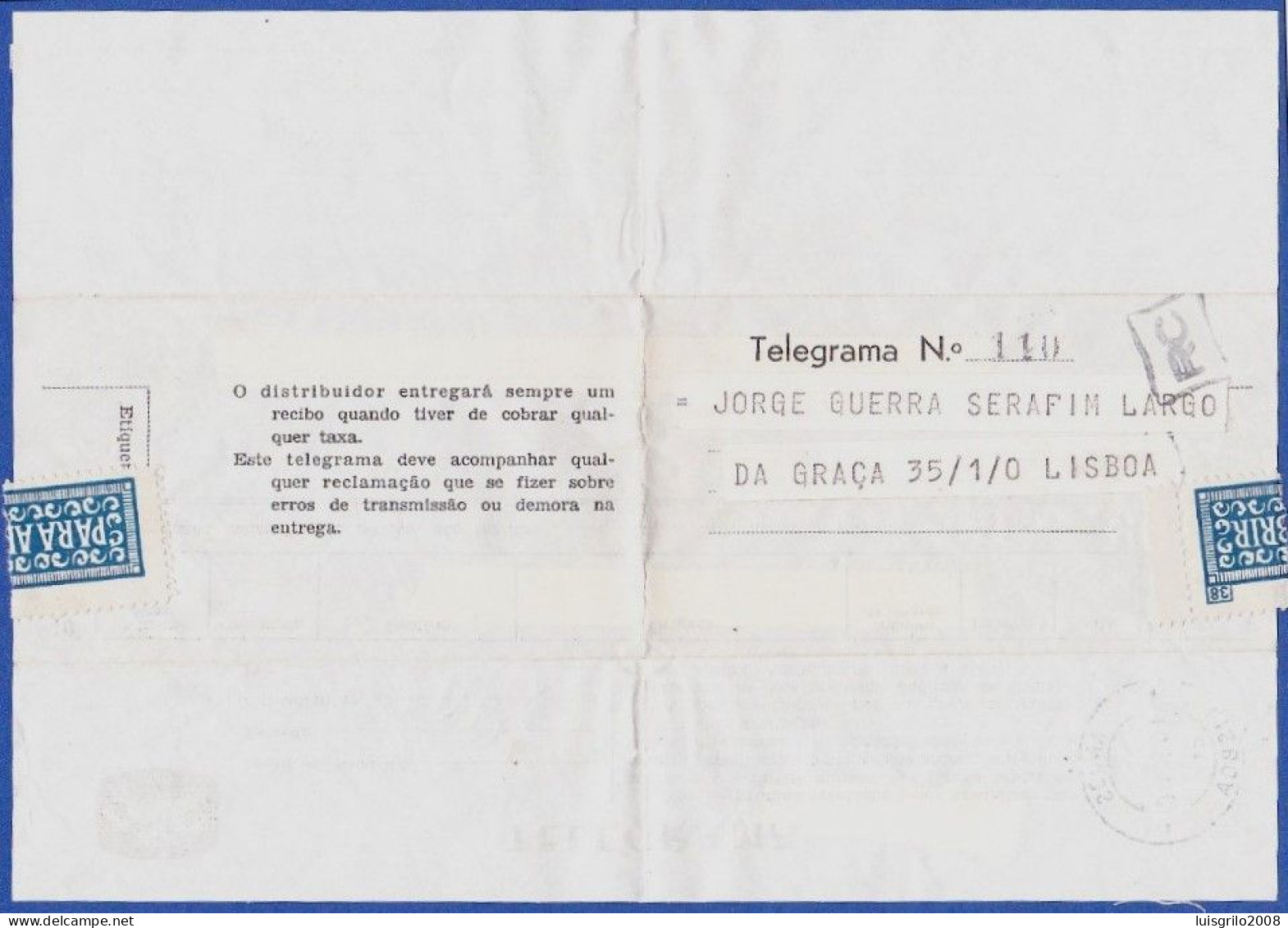 Telegram/ Telegrama - Lisboa > Lisboa -|- Postmark - Anjos. Lisboa. 1968 - Brieven En Documenten