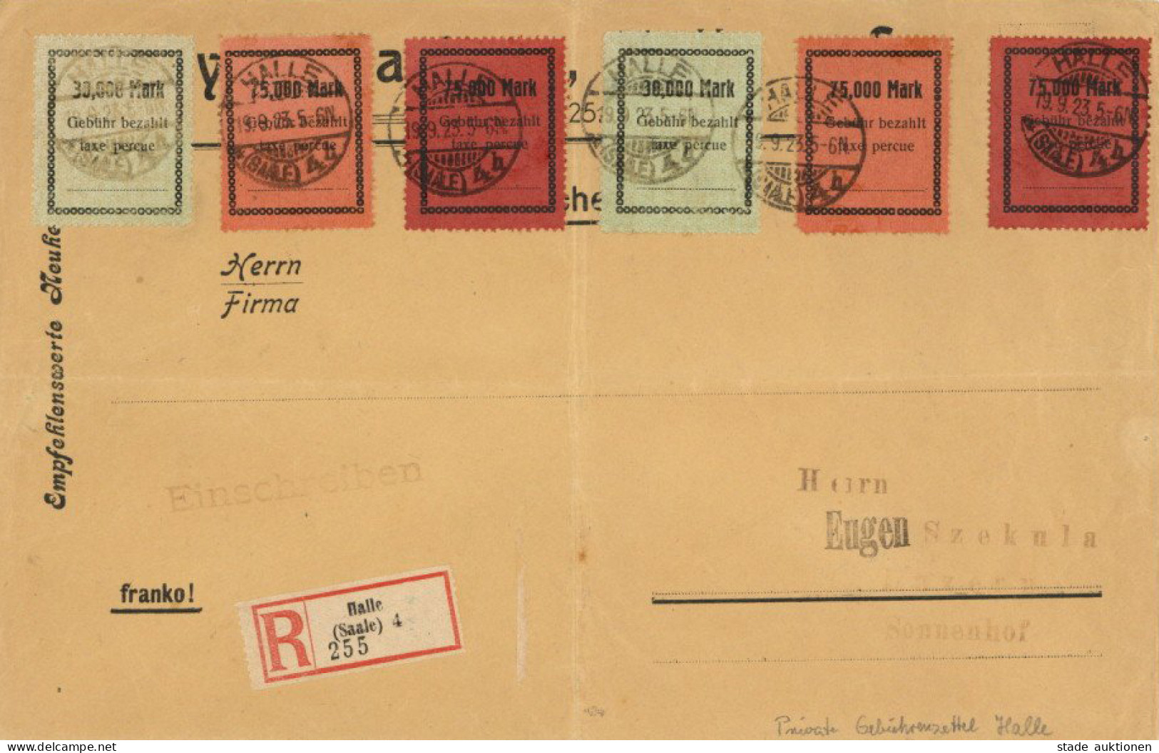 Lokalausgaben 1923 Halle/Saale Gebührenzettel R-Brief Einschreiben Rs. Ak-O II (mehrfach Gefaltet) - Otros & Sin Clasificación