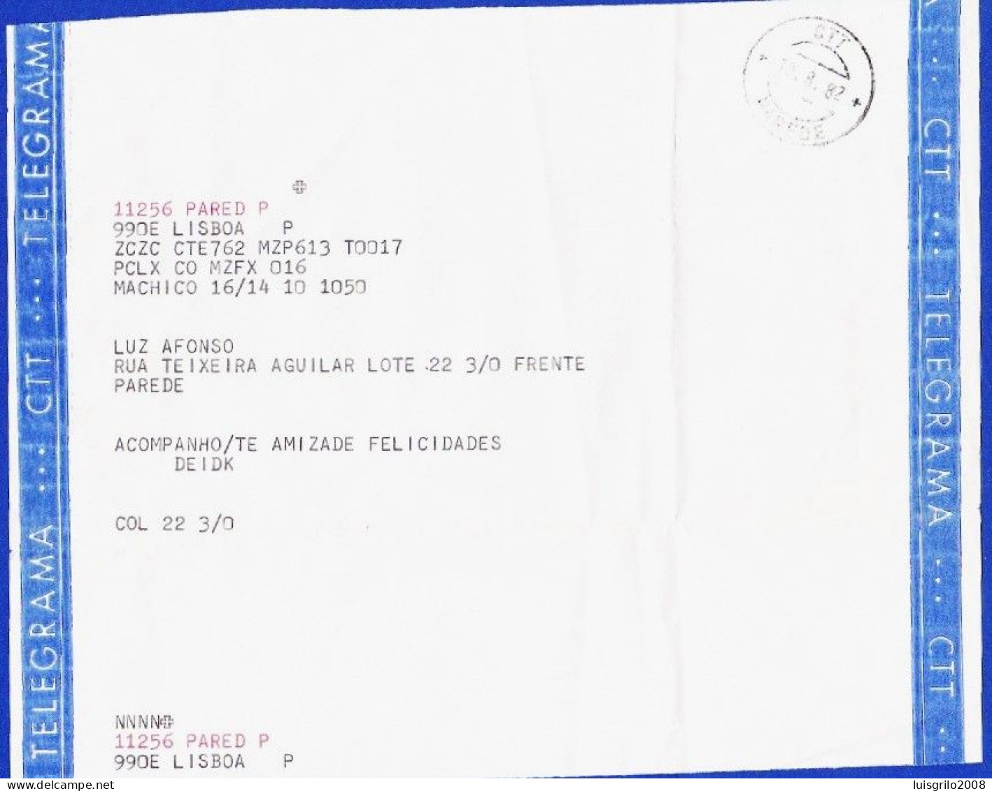 Telegram/ Telegrama - Lisboa > Parede -|- Postmark - Parede, 1982 - Brieven En Documenten