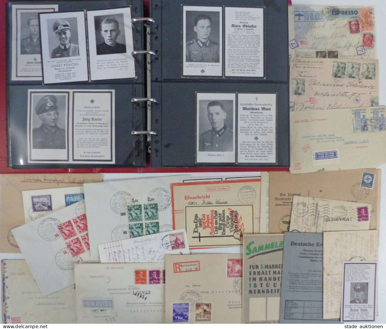 WK II U. Meist 3. Reich Umfangreiche Belege-Sammlung Im Album, Ca. 20 Sterbebildchen Von Gefallenen Soldaten, über 50 Be - Other & Unclassified