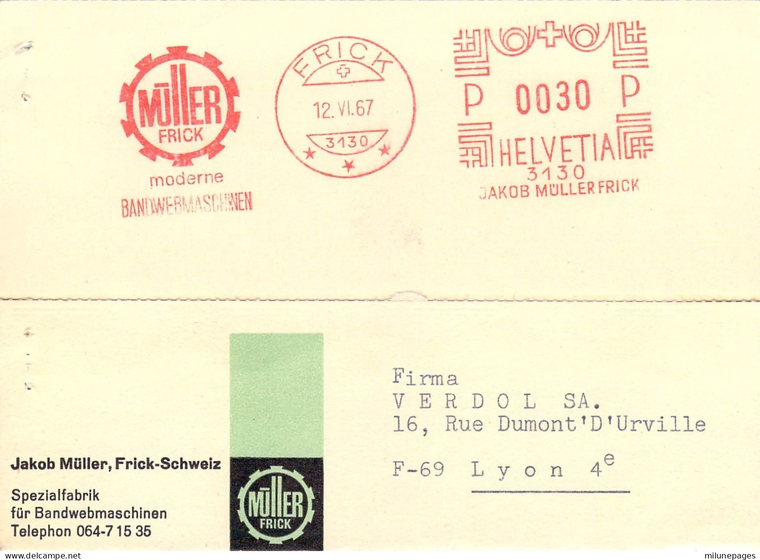 Suisse EMA Rouge N°3130 30c. Jakob Müller Moderne BandweMaschinen Frick 1967 - Frankeermachinen