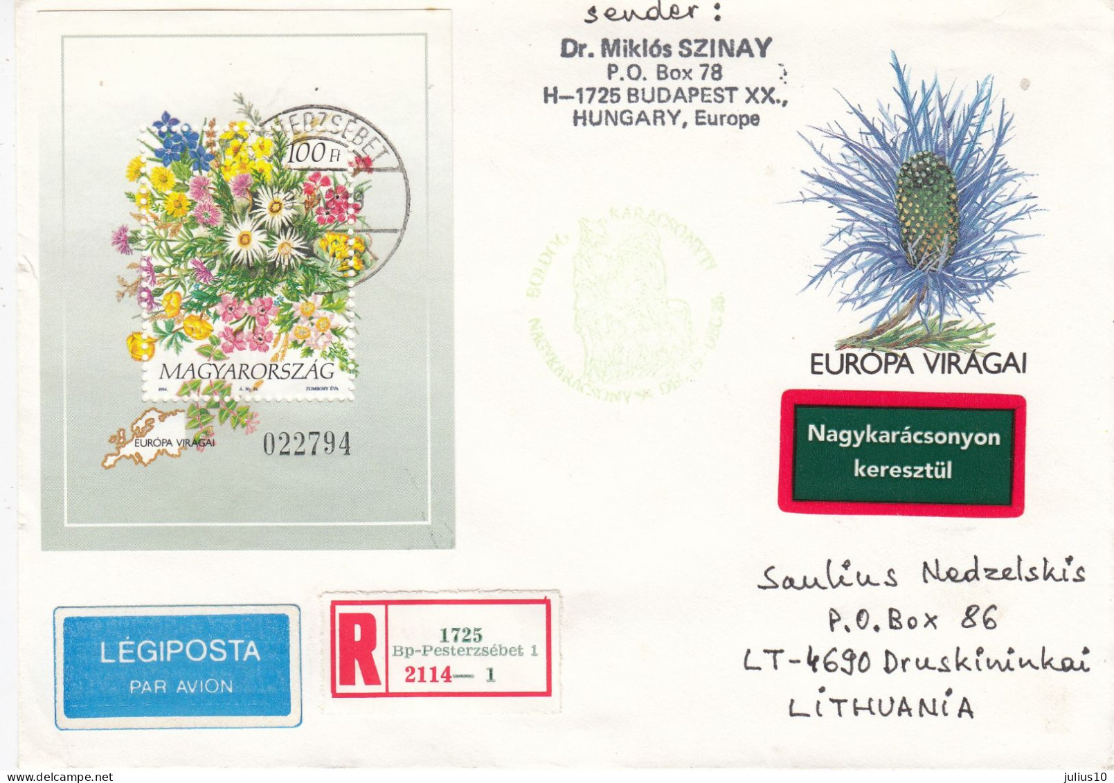 HUNGARY 1995 Flowers Airmail Registered Cover To Lithuania Nice Franking #3591 - Lettres & Documents
