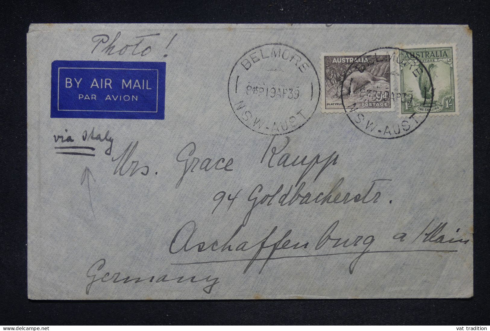 AUSTRALIE - Enveloppe De Belmore Pour L'Allemagne En 1939 - L 148968 - Lettres & Documents