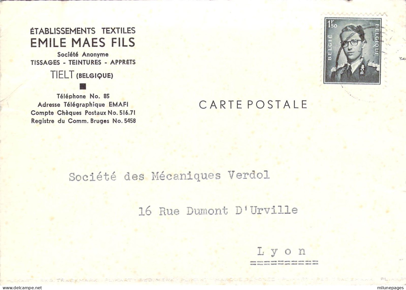 Belgique Belgie Carte Commerciale Des Ets Textiles Emile Maes Fils Tissages Et Teintures à Tielt En 1958 - Tielt