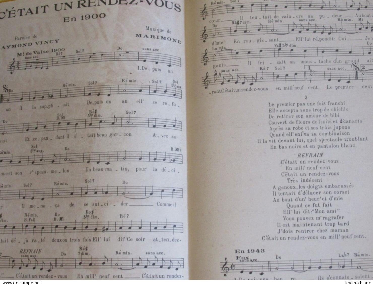 Partition/"C'était Un Rendez-vous En 1900 " /Piano & Chant /Vincy -Marimone /Salabert / 1937       PART343 - Otros & Sin Clasificación