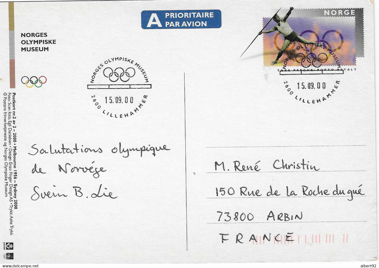 2000 Entier Postal: Jeux Olympiques De Melbourne 1956 Et Sydney 2000: Athlétisme:  Danielsen (Norvège) Or Au Javelot: - Verano 1956: Melbourne