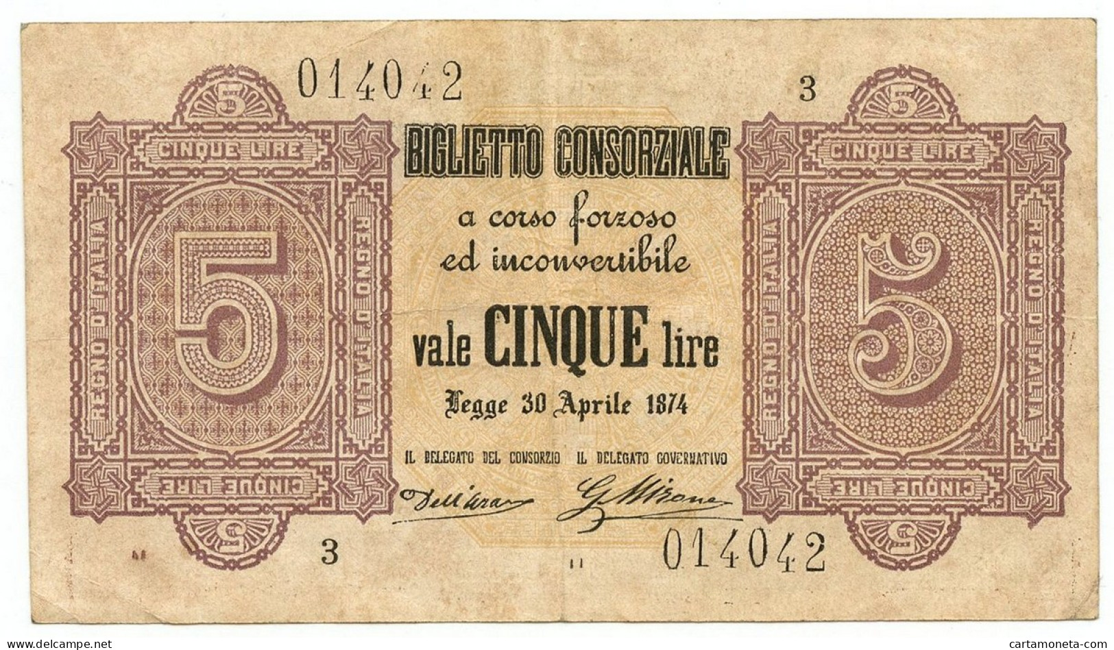 5 LIRE BIGLIETTO CONSORZIALE REGNO D'ITALIA 30/04/1874 BB/SPL - Biglietti Consorziale