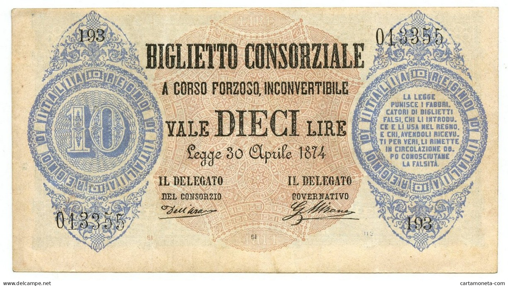 10 LIRE BIGLIETTO CONSORZIALE REGNO D'ITALIA 30/04/1874 BB/SPL - Biglietto Consorziale