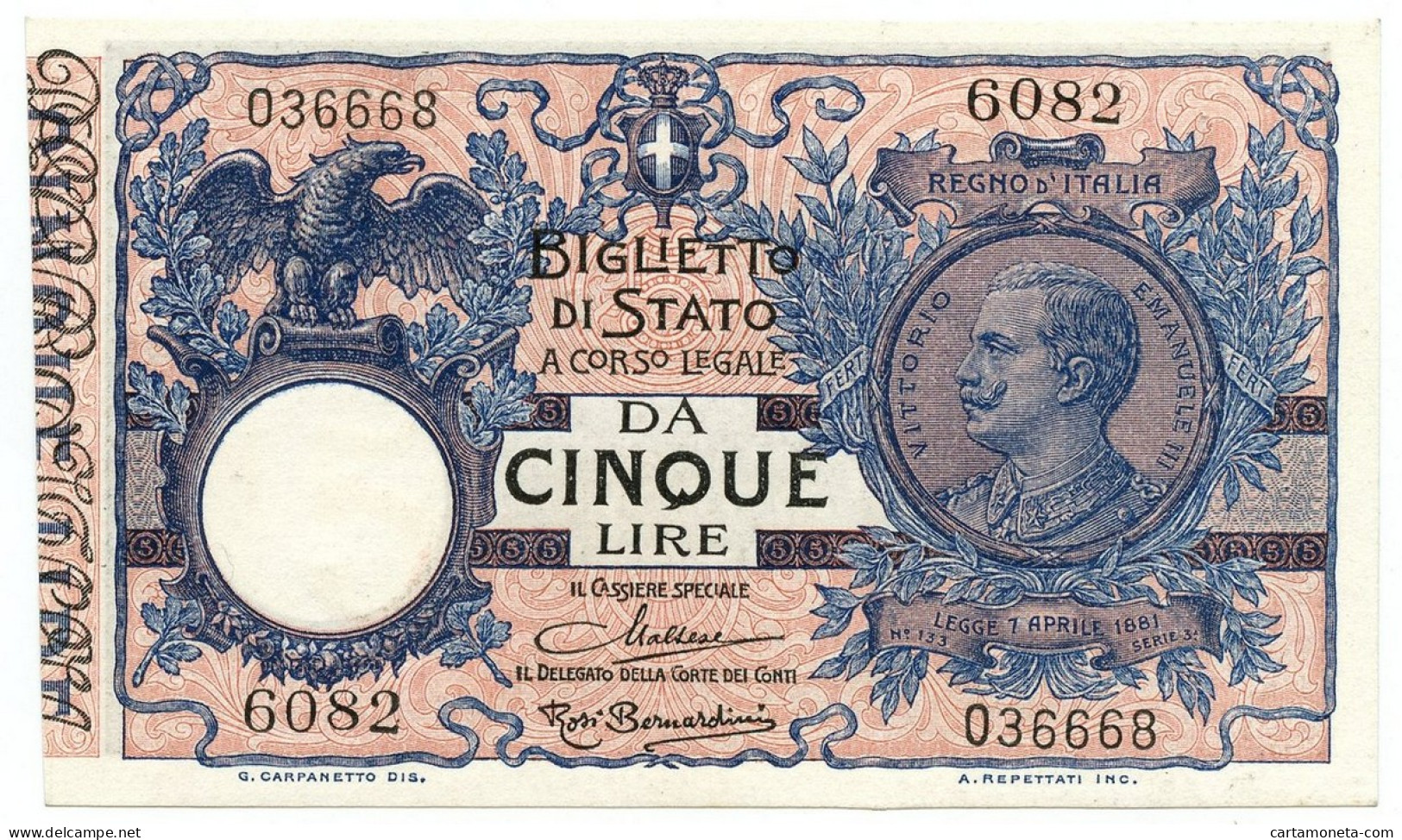 5 LIRE BIGLIETTO DI STATO VITTORIO EMANUELE III FLOREALE 10/07/1924 FDS-/FDS - Otros