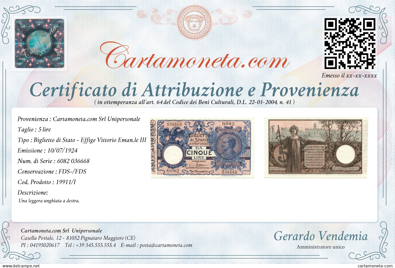 5 LIRE BIGLIETTO DI STATO VITTORIO EMANUELE III FLOREALE 10/07/1924 FDS-/FDS - Regno D'Italia - Altri