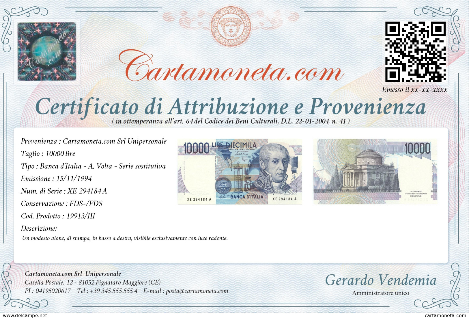 10000 LIRE B. D'ITALIA ALESSANDRO VOLTA SERIE SOSTITUTIVA XE 15/11/1994 FDS-/FDS - Altri & Non Classificati