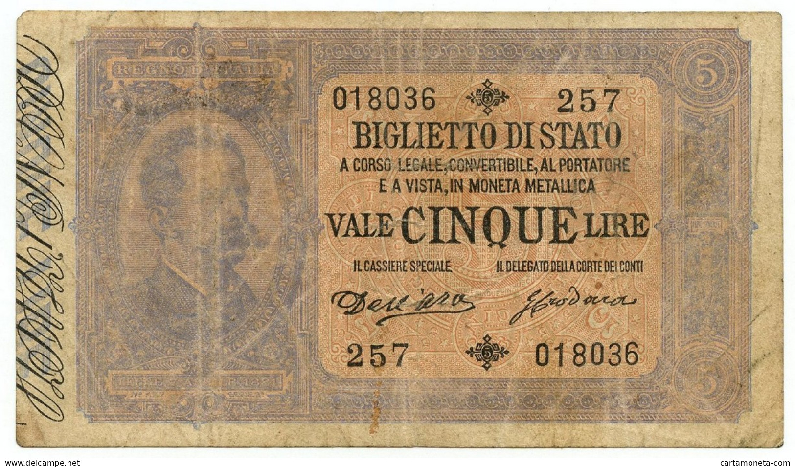 5 LIRE BIGLIETTO DI STATO EFFIGE UMBERTO I 01/03/1883 QBB - Otros