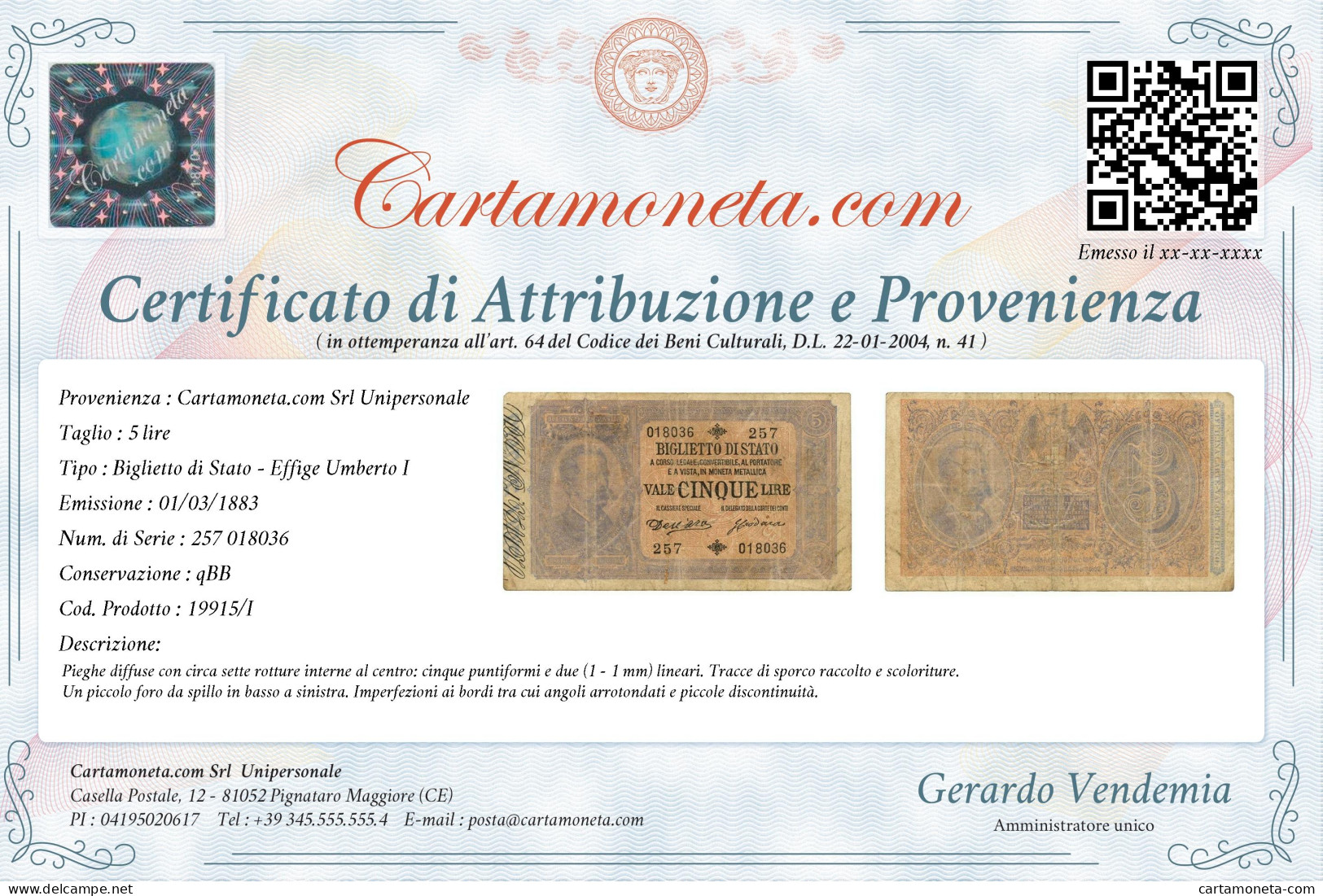 5 LIRE BIGLIETTO DI STATO EFFIGE UMBERTO I 01/03/1883 QBB - Otros