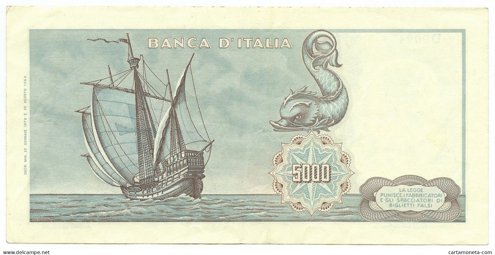 5000 LIRE CRISTOFORO COLOMBO I TIPO MEDUSA 20/01/1970 BB/SPL - Altri & Non Classificati