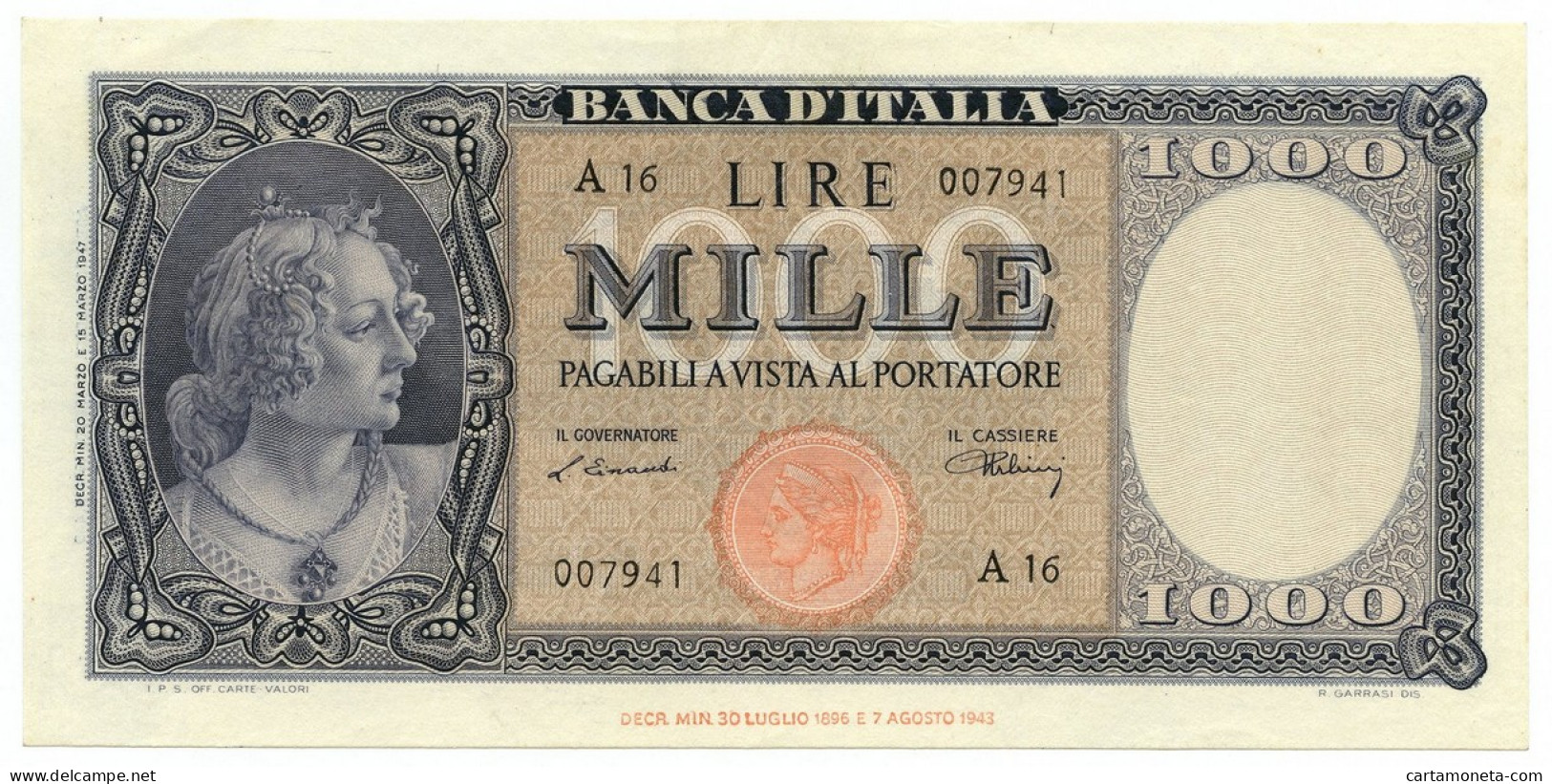 1000 LIRE ITALIA ORNATA DI PERLE TESTINA 20/03/1947 SPL+ - Altri & Non Classificati