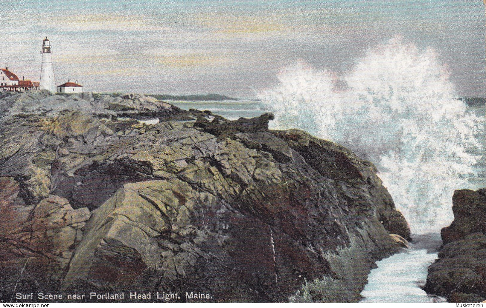United States PPC Surf Scene Near Portland Head Light, Maine Hugh C. Leighton Co., Portland (2 Scans) - Portland