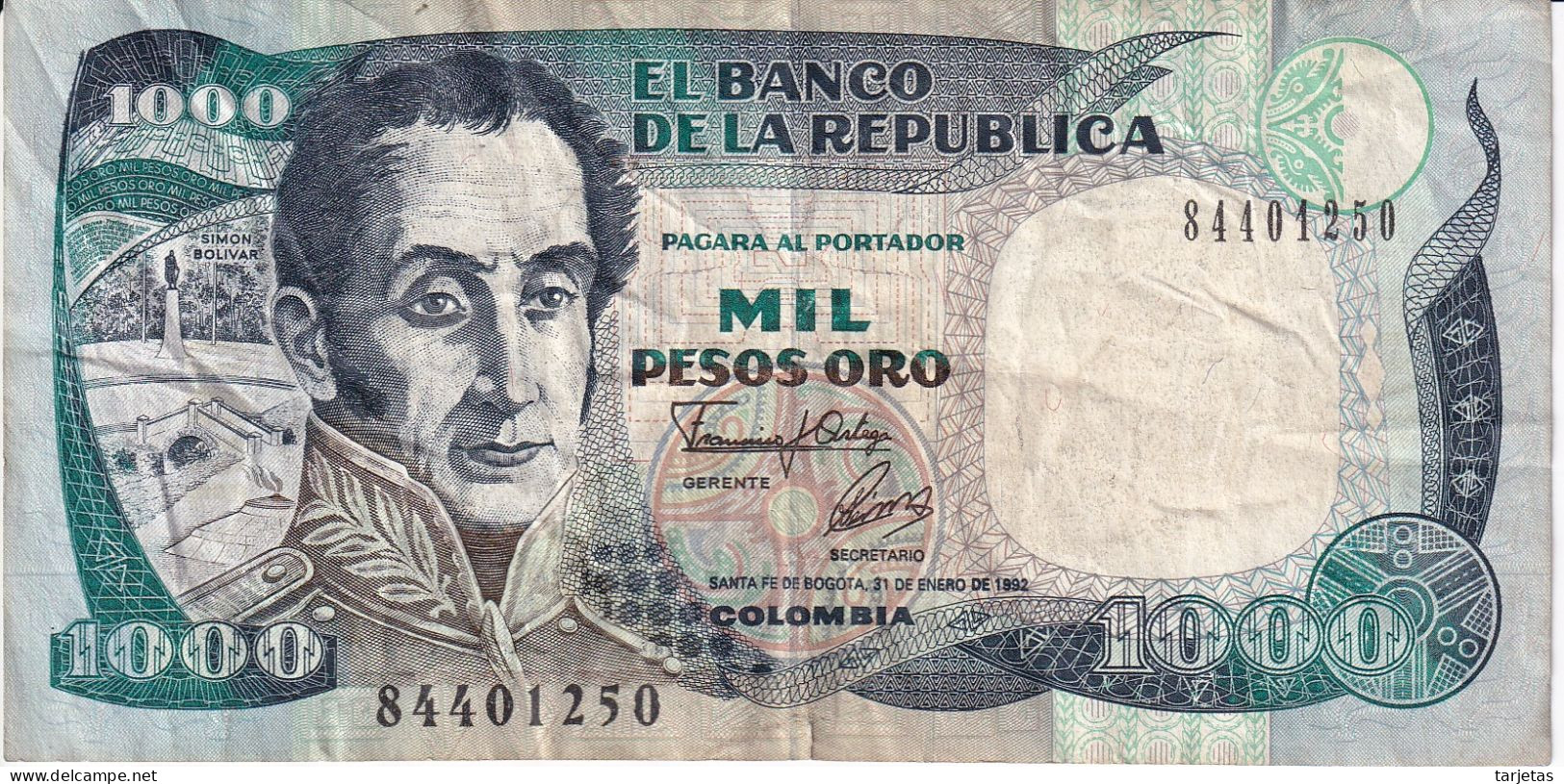 BILLETE DE COLOMBIA DE 1000 PESOS DE ORO DEL AÑO 1992  (BANK NOTE) - Kolumbien