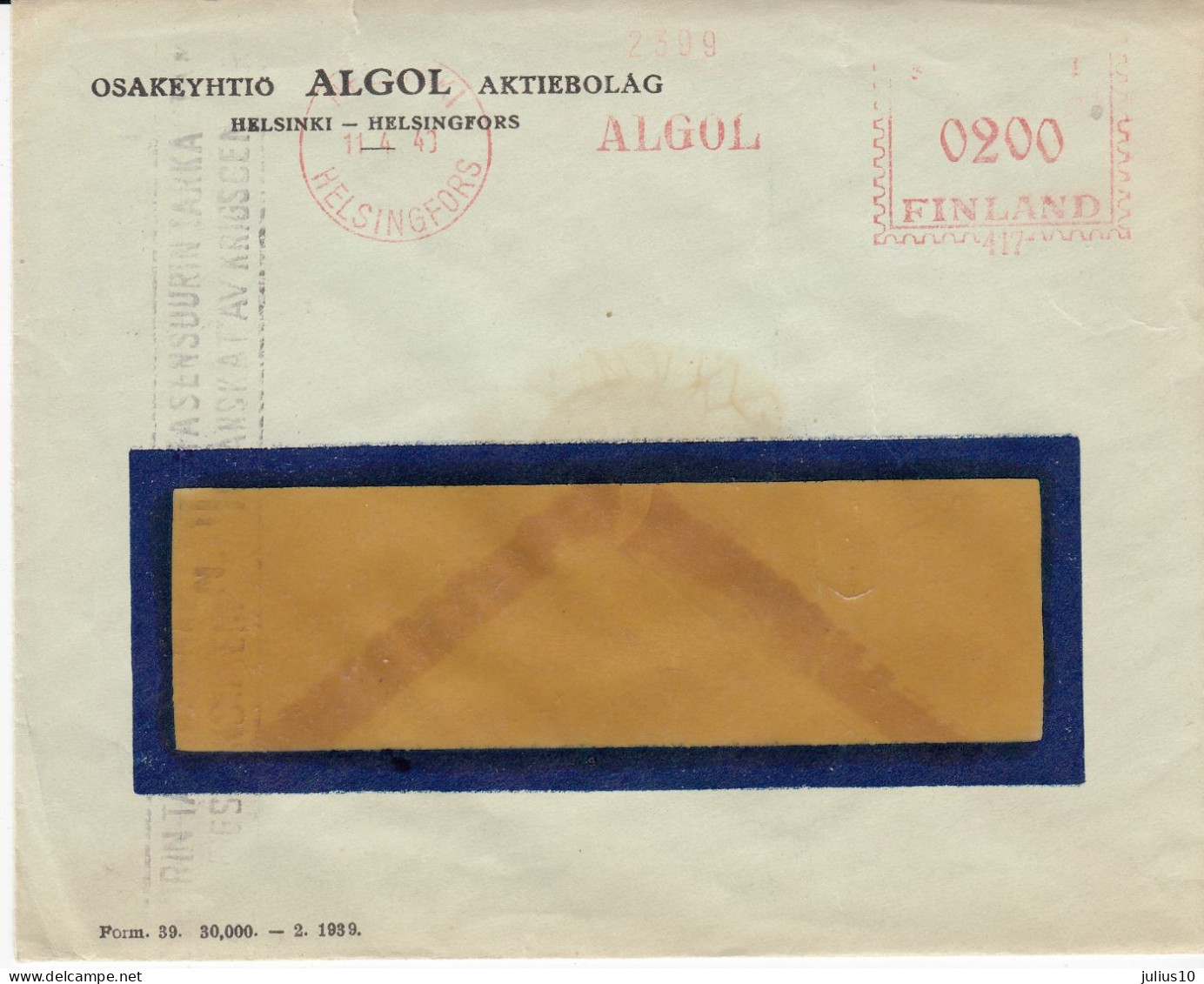 Finland 1940 Algol Meter Used Cover #8179 - Lettres & Documents