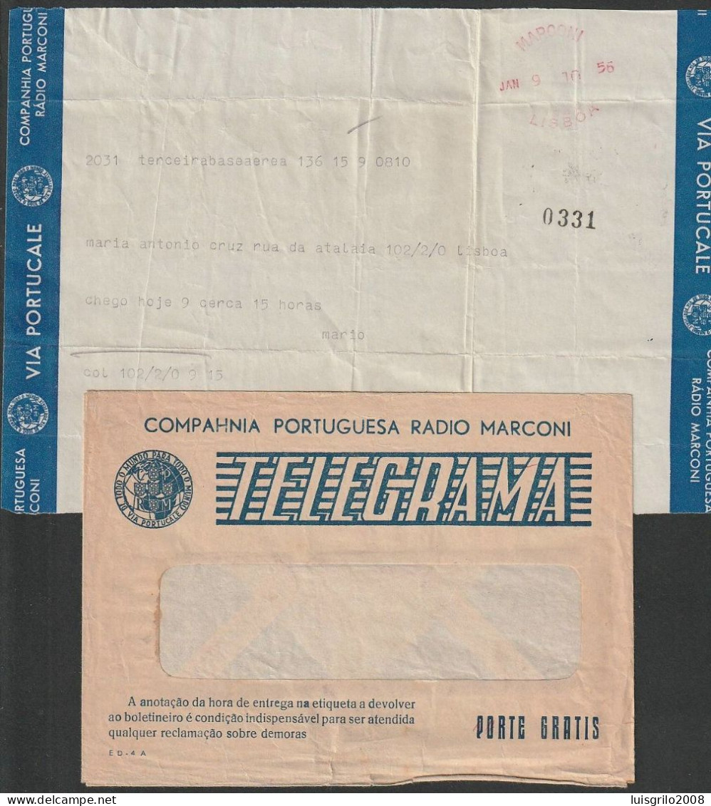 Telegram/ Telegrama Radio Marconi - Base Aérea Da Terceira, Açores > Lisboa -|- Postmark - Marconi. Lisboa. 1956 - Briefe U. Dokumente