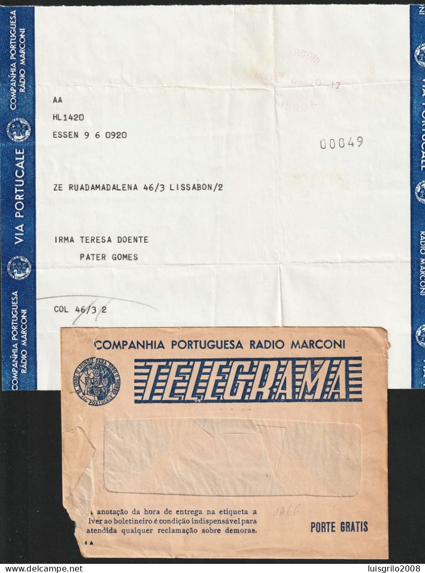 Telegram/ Telegrama Radio Marconi - Essen, Alemanha > Lisboa -|- Postmark - Marconi. Lisboa. 1966 - Covers & Documents