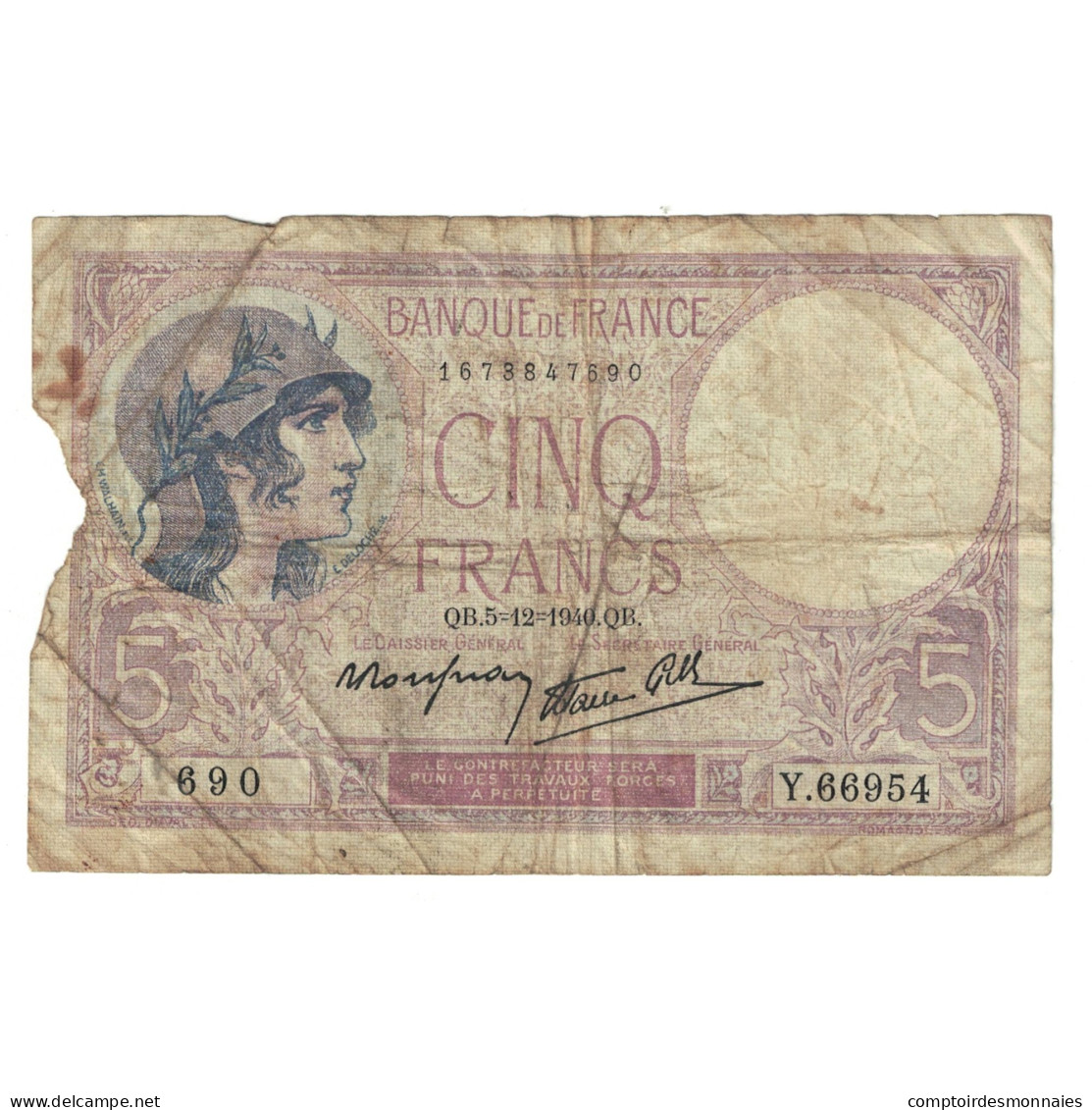 France, 5 Francs, Violet, 1940, Y.66954, TB, Fayette:4.16, KM:83 - 5 F 1917-1940 ''Violet''