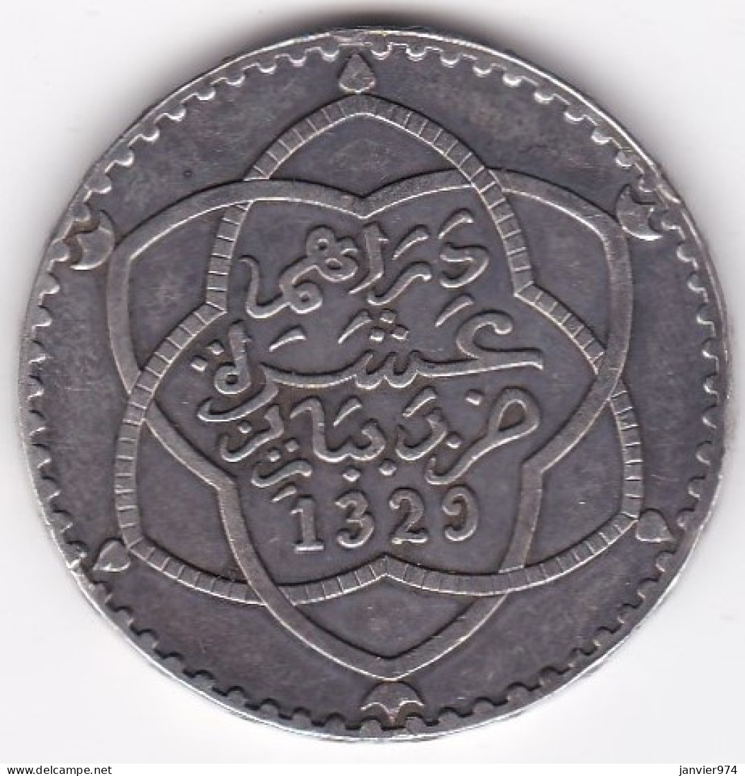 Protectorat Français 10 Dirhams AH 1329 – 1911, Moulay Hafid I , En Argent, Lec# 196 - Maroc