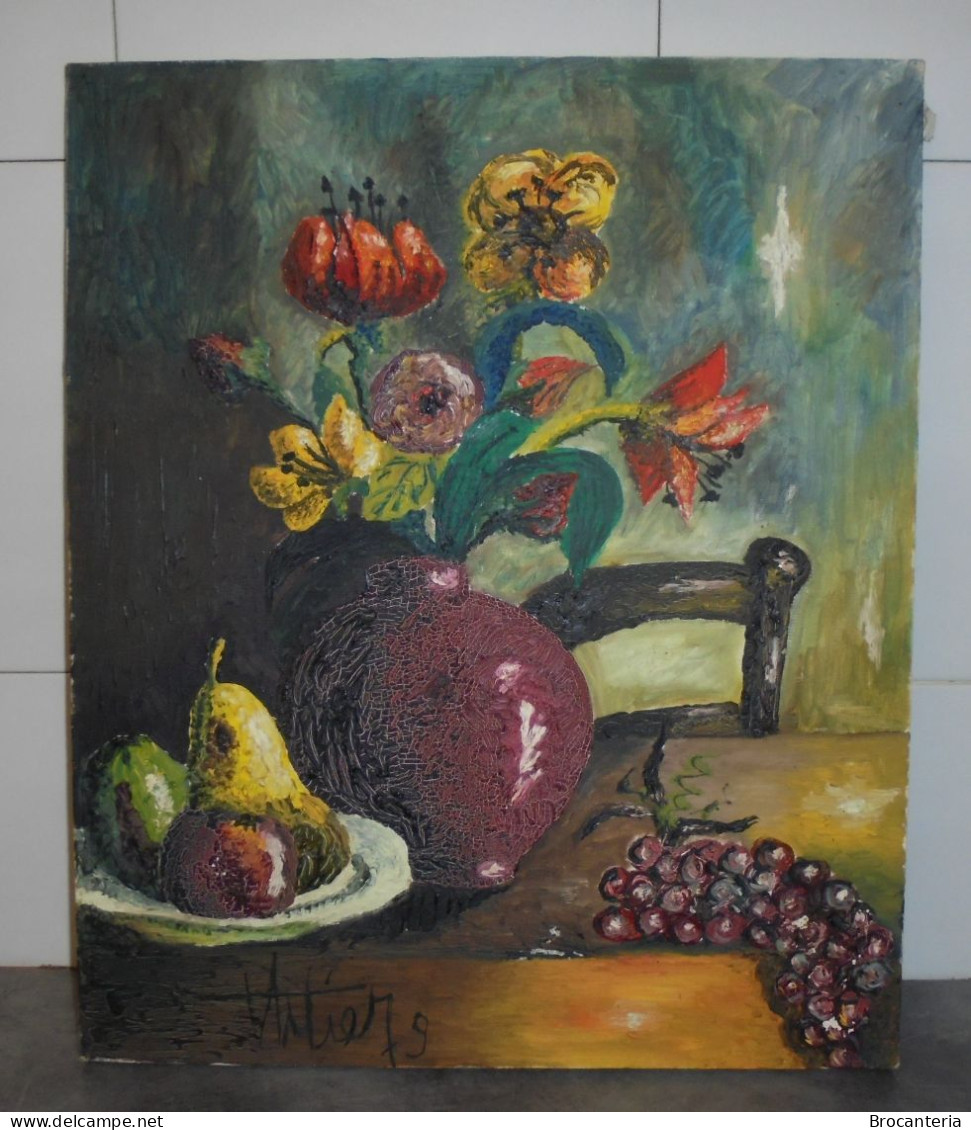 VINTAGE PEINTURE NATURE MORTE HST Signé 1979 - 46cm X 55cm - Oleo