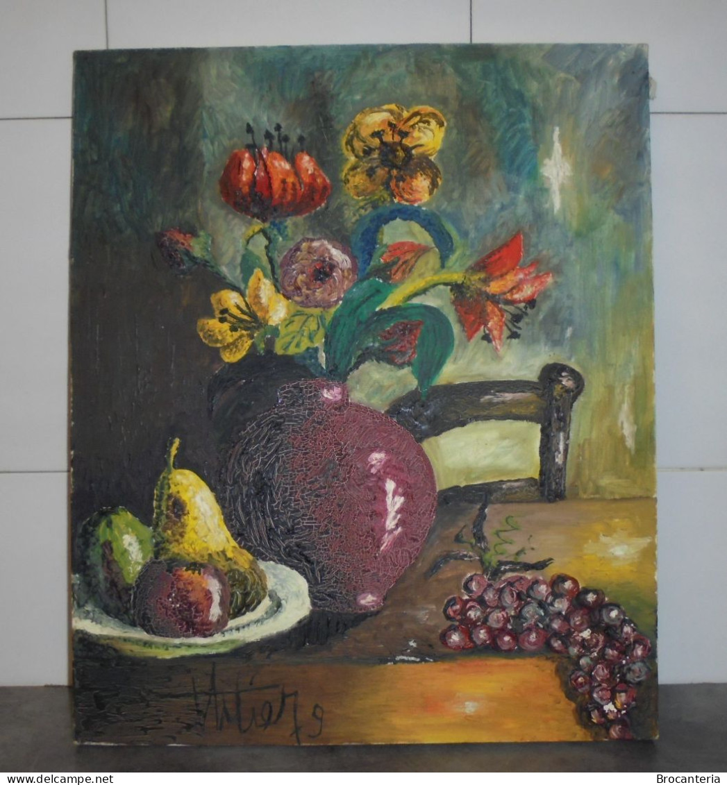 VINTAGE PEINTURE NATURE MORTE HST Signé 1979 - 46cm X 55cm - Oils